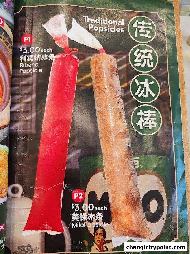 A menu page showcasing traditional popsicles, including Ribena and Milo flavors.