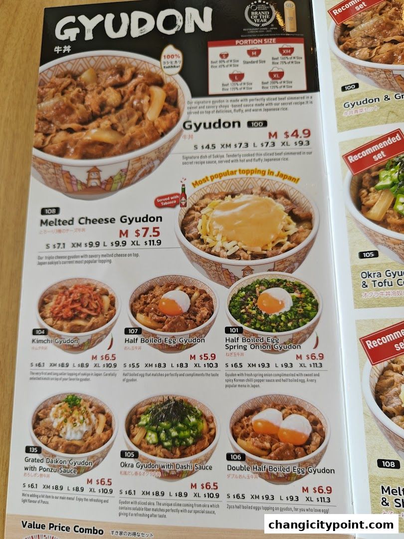 A menu showcasing various Gyudon dishes with prices and descriptions.