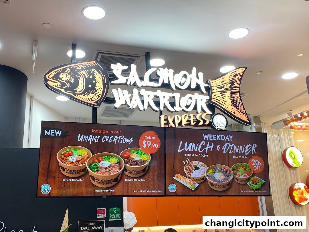 Digital menu board for Salmon Warrior Express showcasing Umami Creations and Weekday Lunch & Dinner deals.