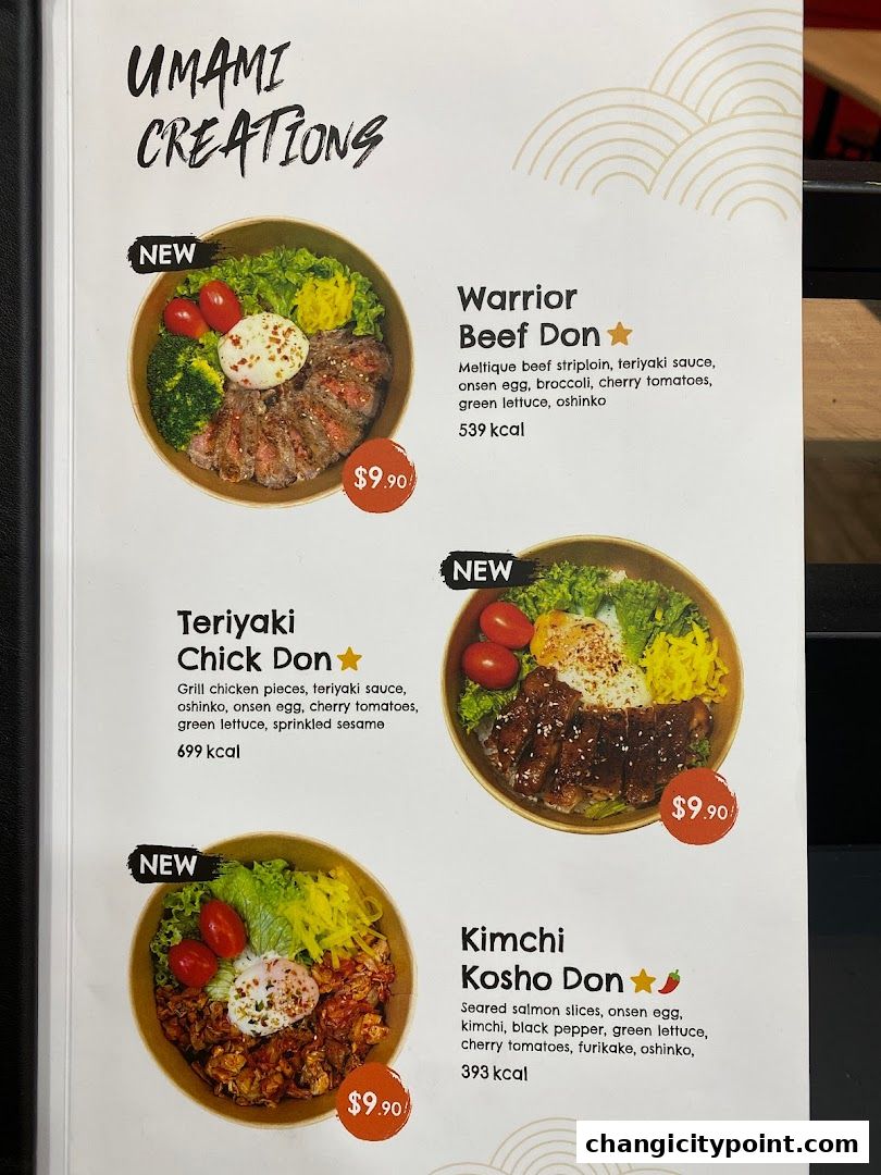 A menu showcasing three 'Umami Creations' donburi bowls with prices and descriptions.