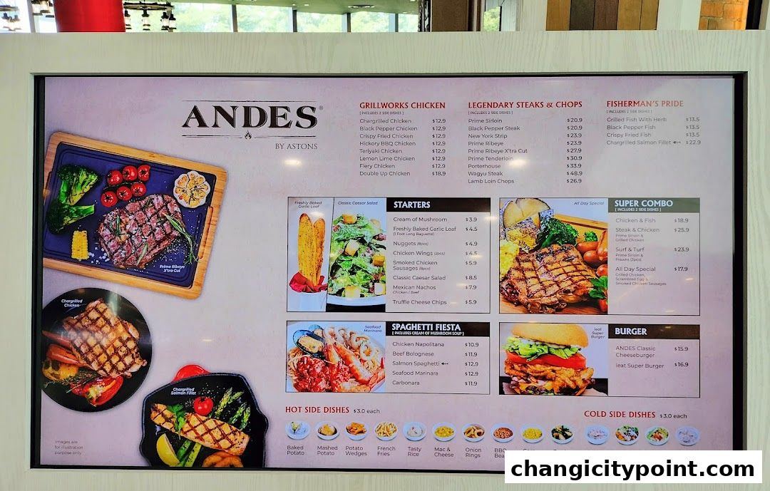 A menu board for Andes by Astons featuring grilled meats, steaks, seafood, pasta, and burgers.