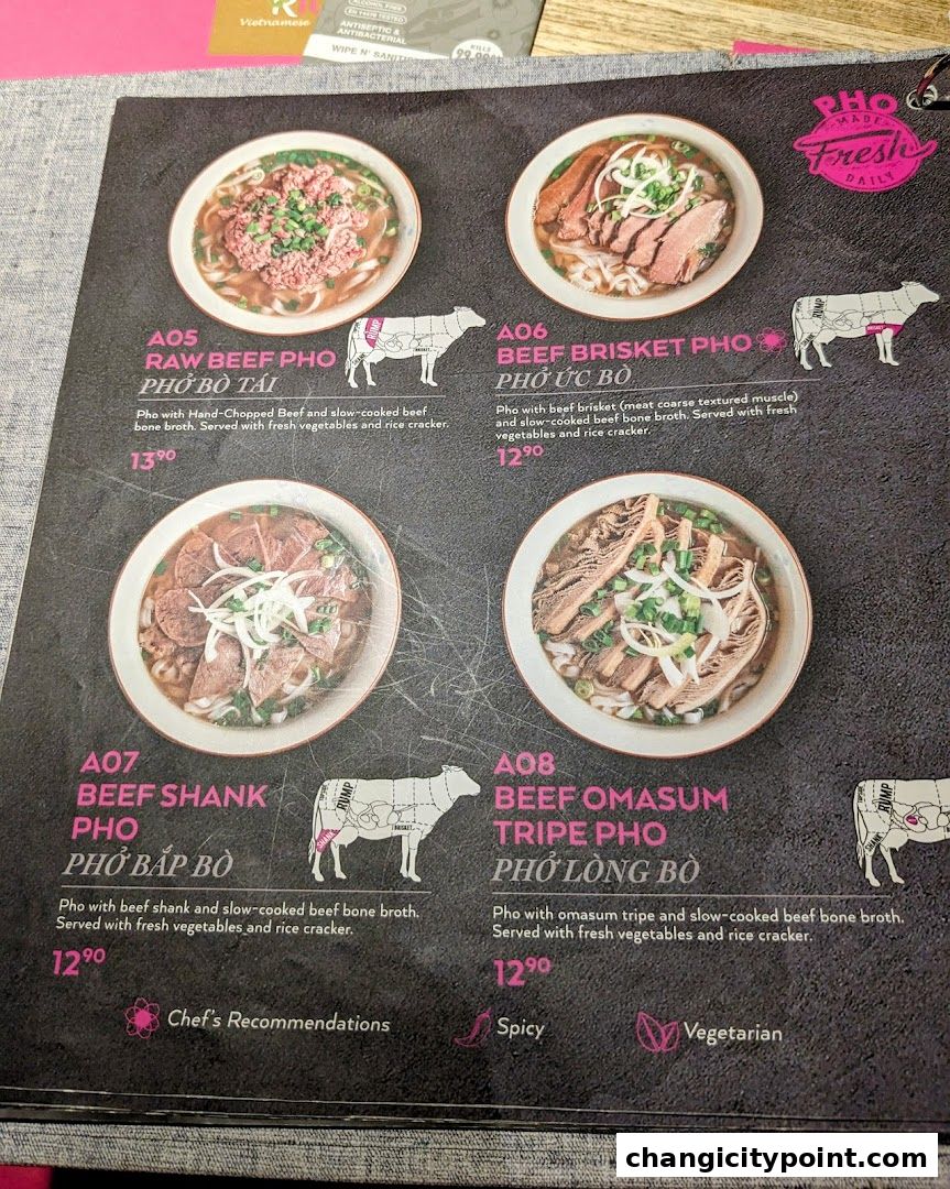 A menu showcasing four different types of beef pho with descriptions and prices.