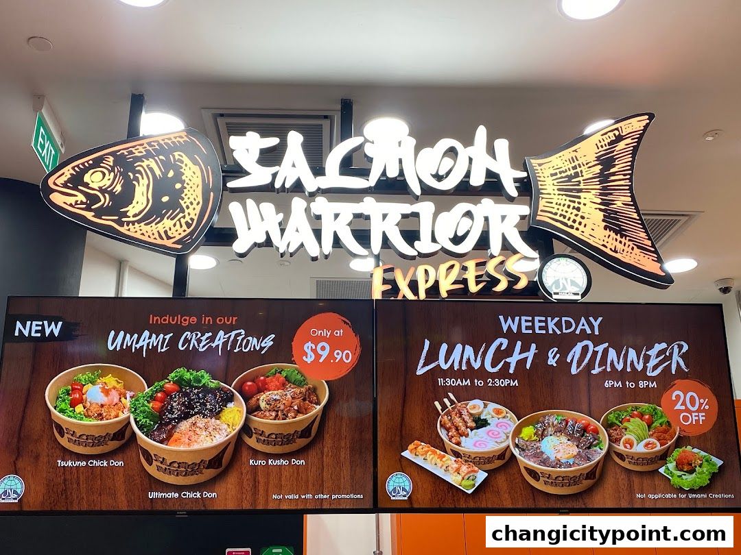 Salmon Warrior Express menu featuring Umami Creations and Weekday Lunch & Dinner sets.