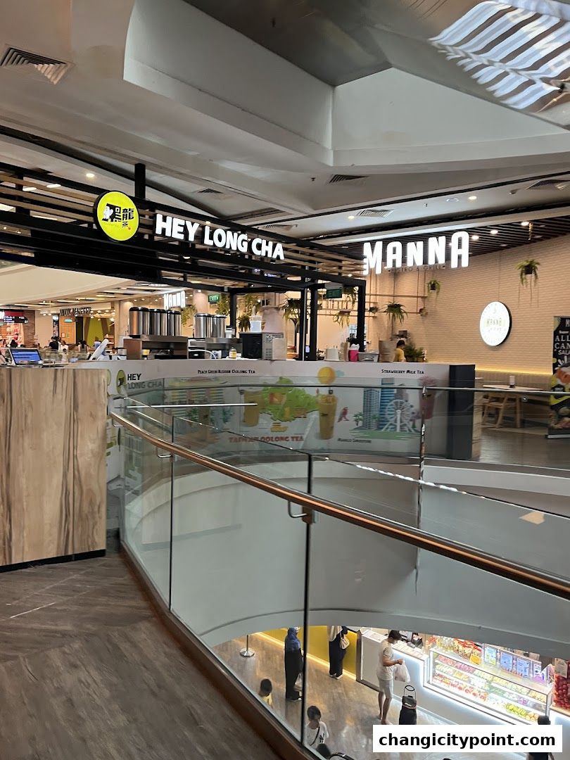 The exterior of the Hey Long Cha bubble tea shop and Manna bistro at Changi City Point.