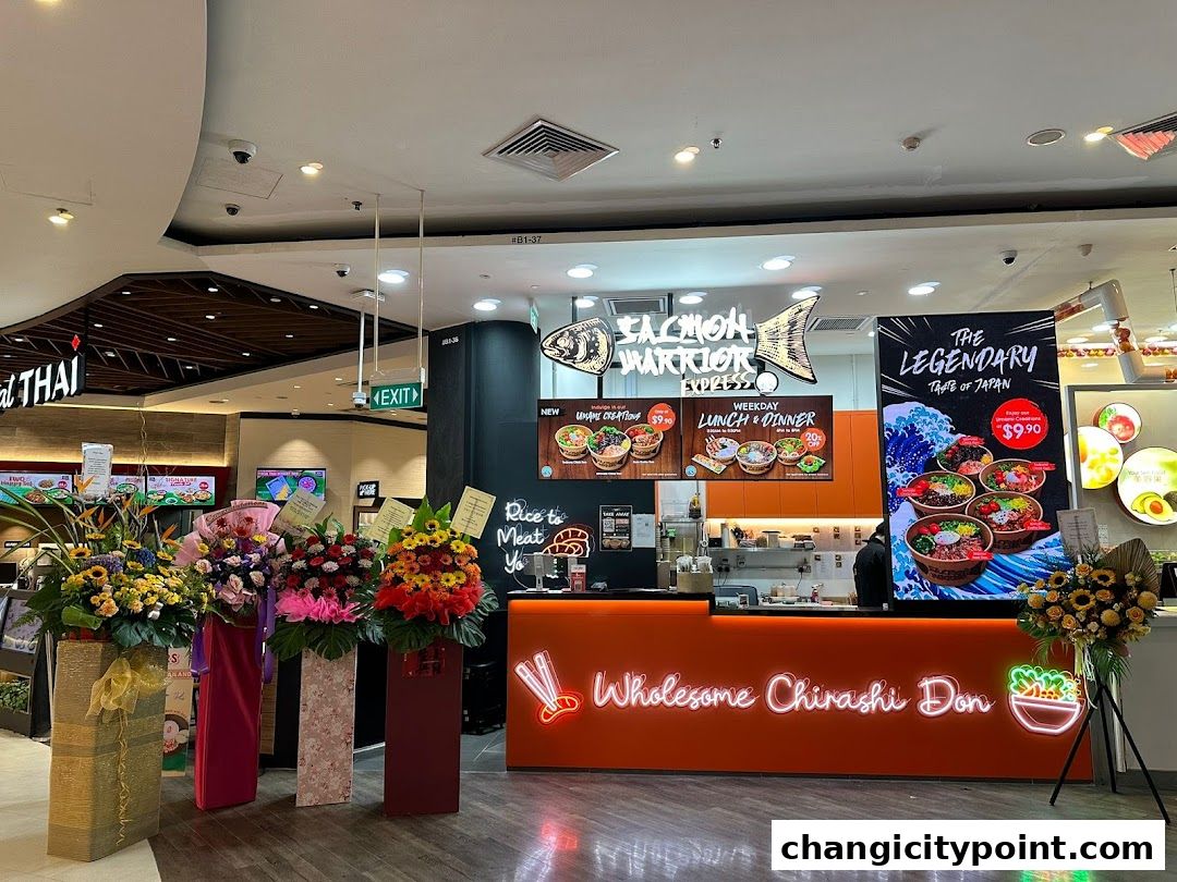 Salmon Warrior Express shop front with vibrant signage and floral decorations.