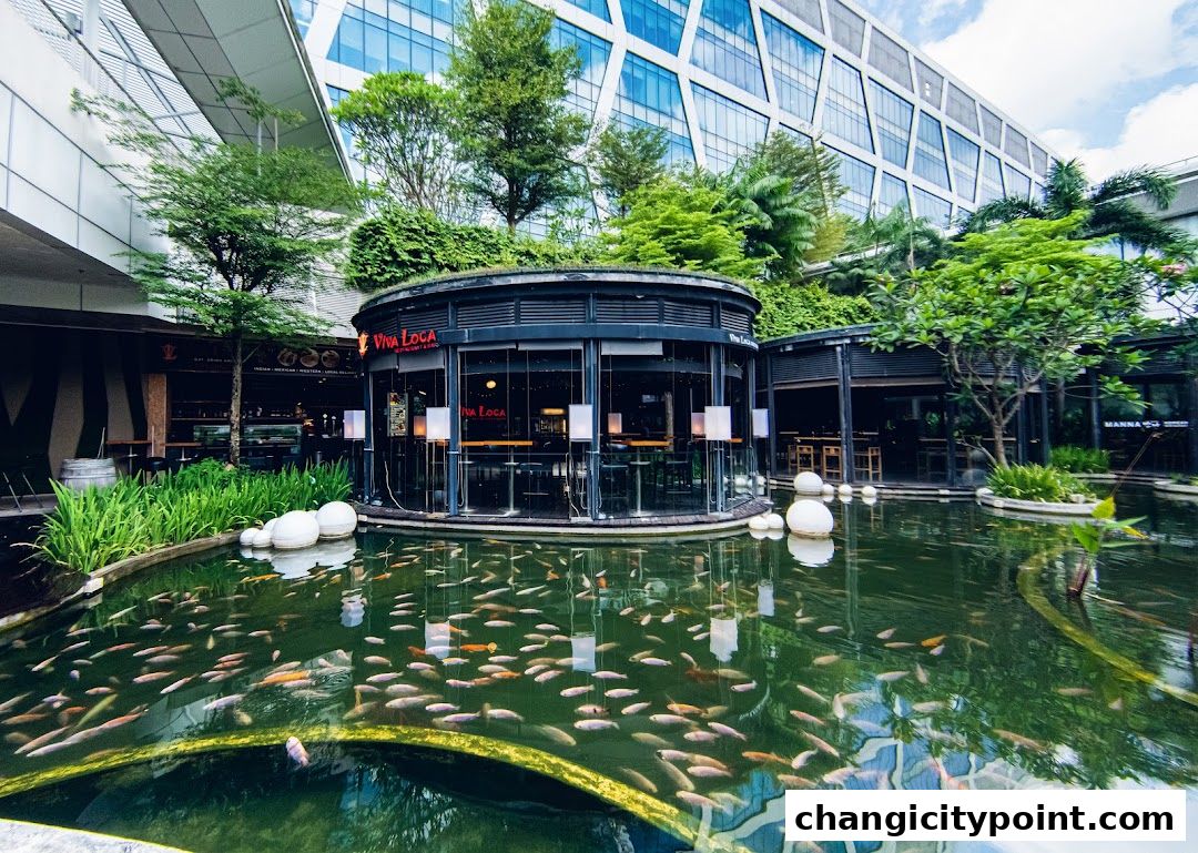 Viva Loca restaurant and bar with a fish pond in front, surrounded by greenery.