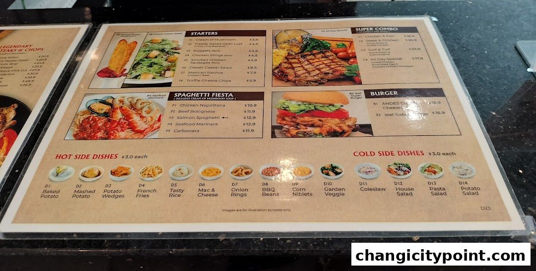 A menu from ANDES by ASTONS featuring starters, spaghetti, burgers, and side dishes.