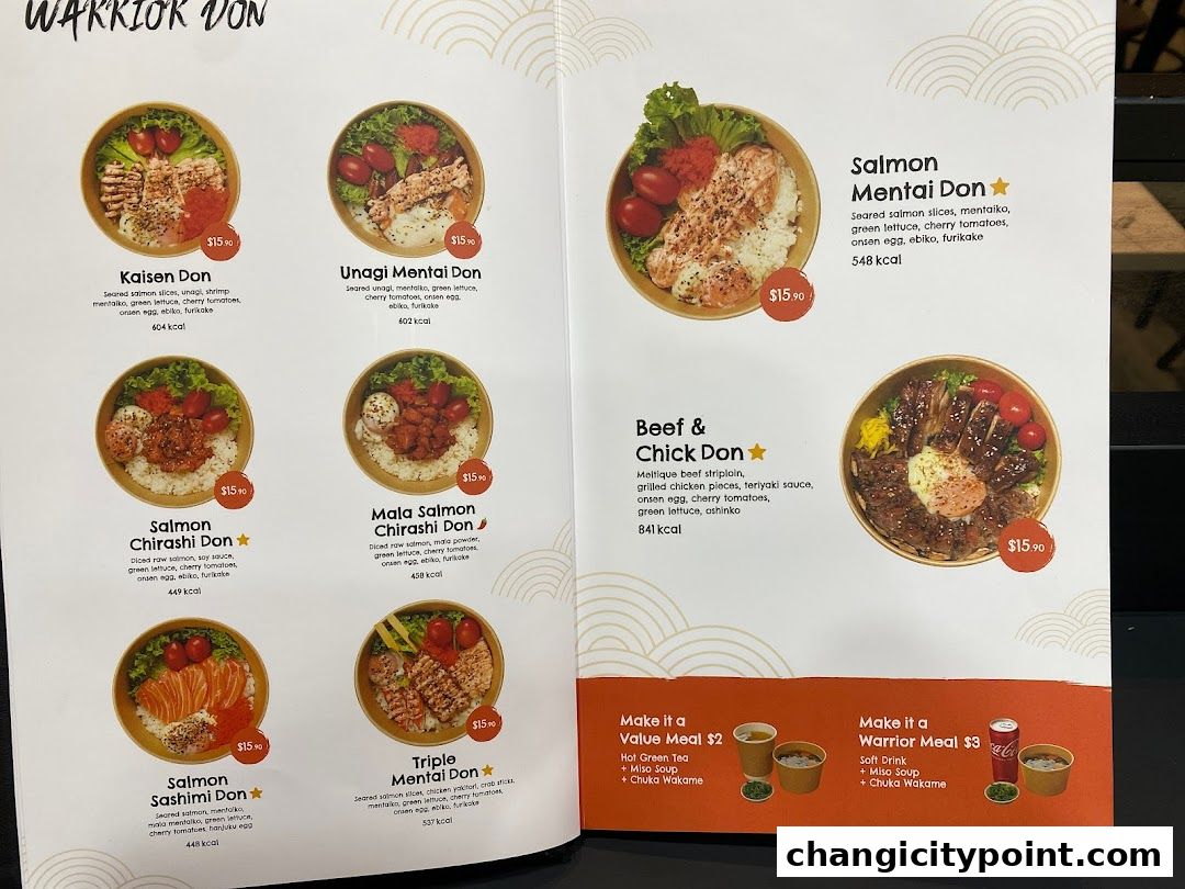 A menu page showcasing various donburi bowls with images and descriptions.
