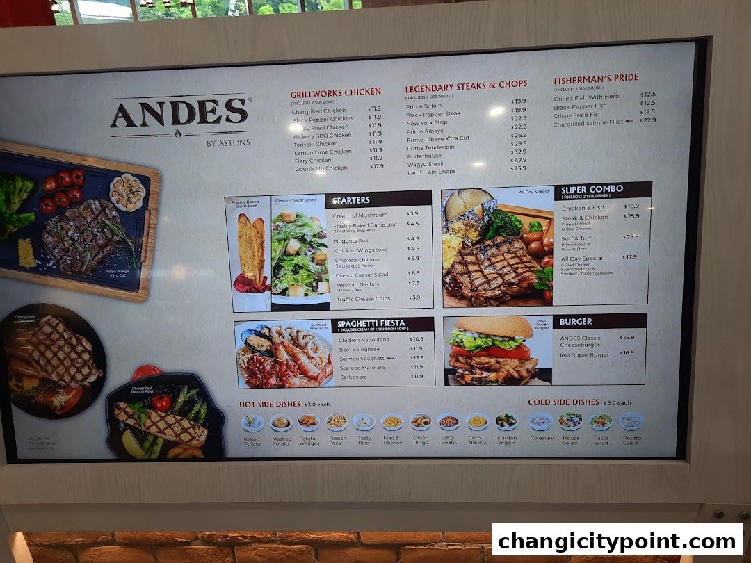 A digital menu board displaying various grilled dishes, steaks, seafood, burgers, and sides.
