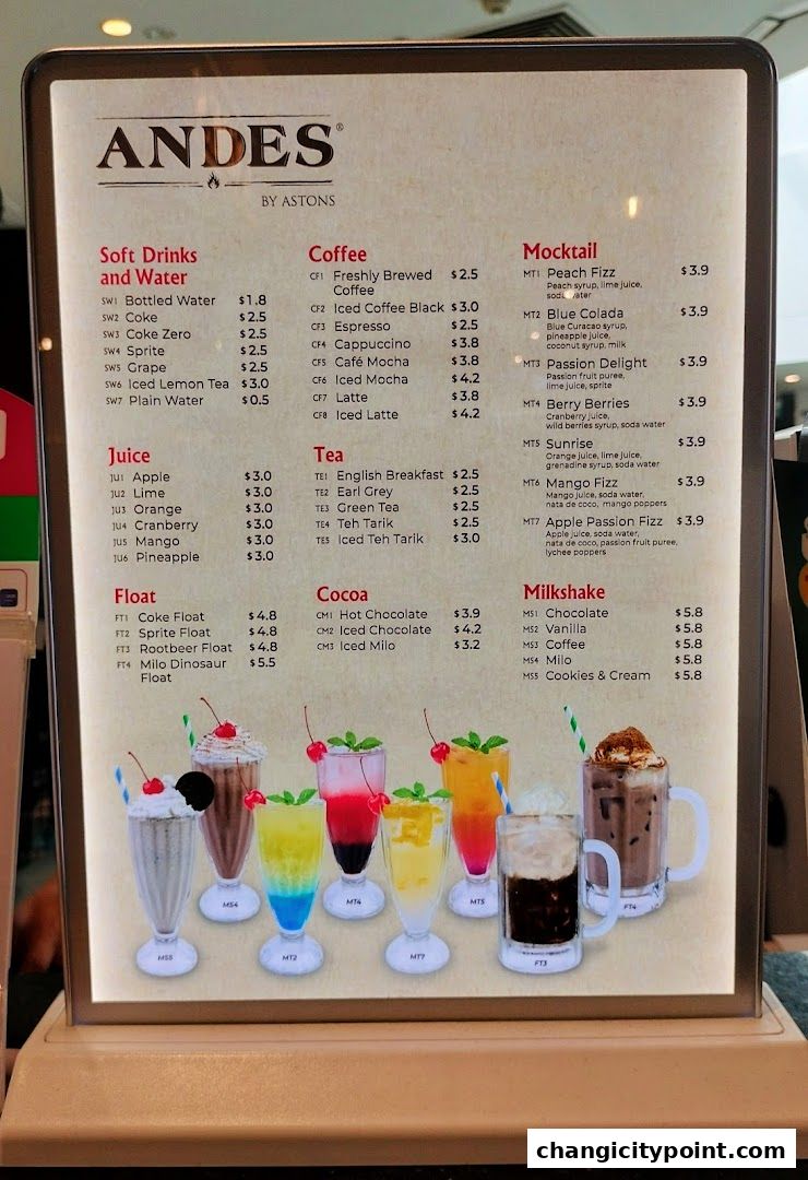 A menu board for ANDES by ASTONS featuring drinks like soft drinks, coffee, juice, tea, cocoa, mocktails, and milkshakes.