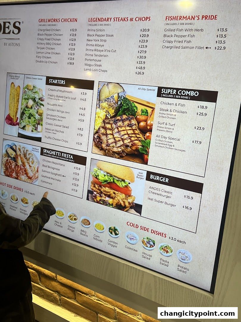 A digital menu board displaying various food items and their prices.