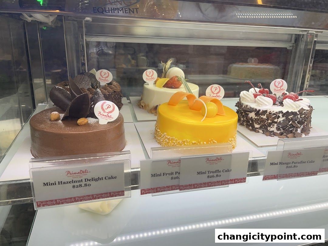 A display case filled with various mini cakes from PrimaDéli, including chocolate, fruit, and truffle flavors.