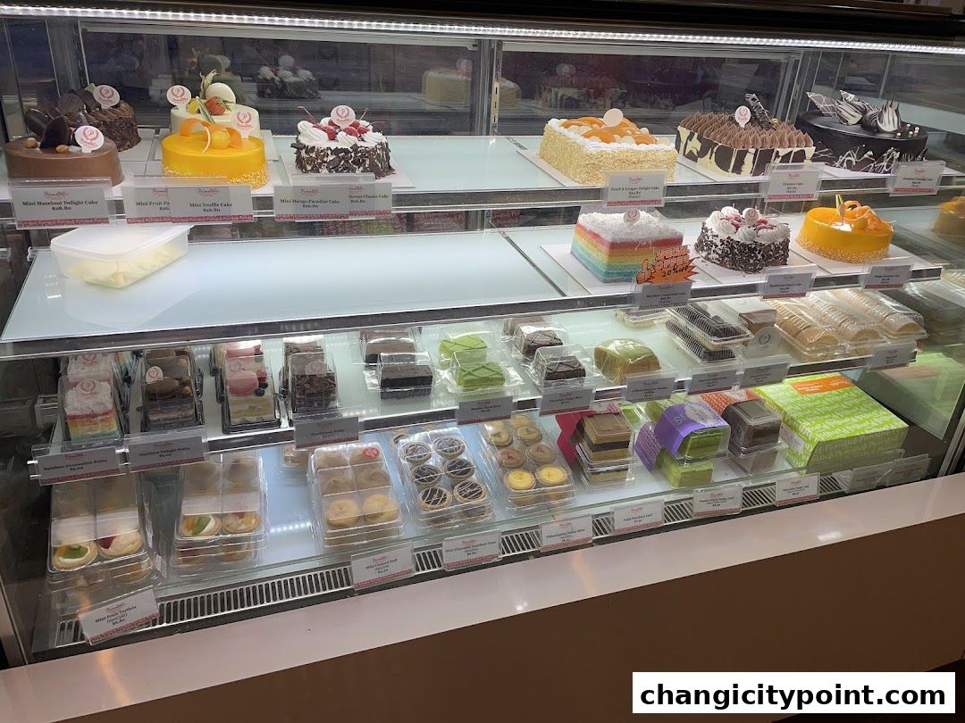 A display case filled with various cakes, pastries, and desserts from PrimaDéli.