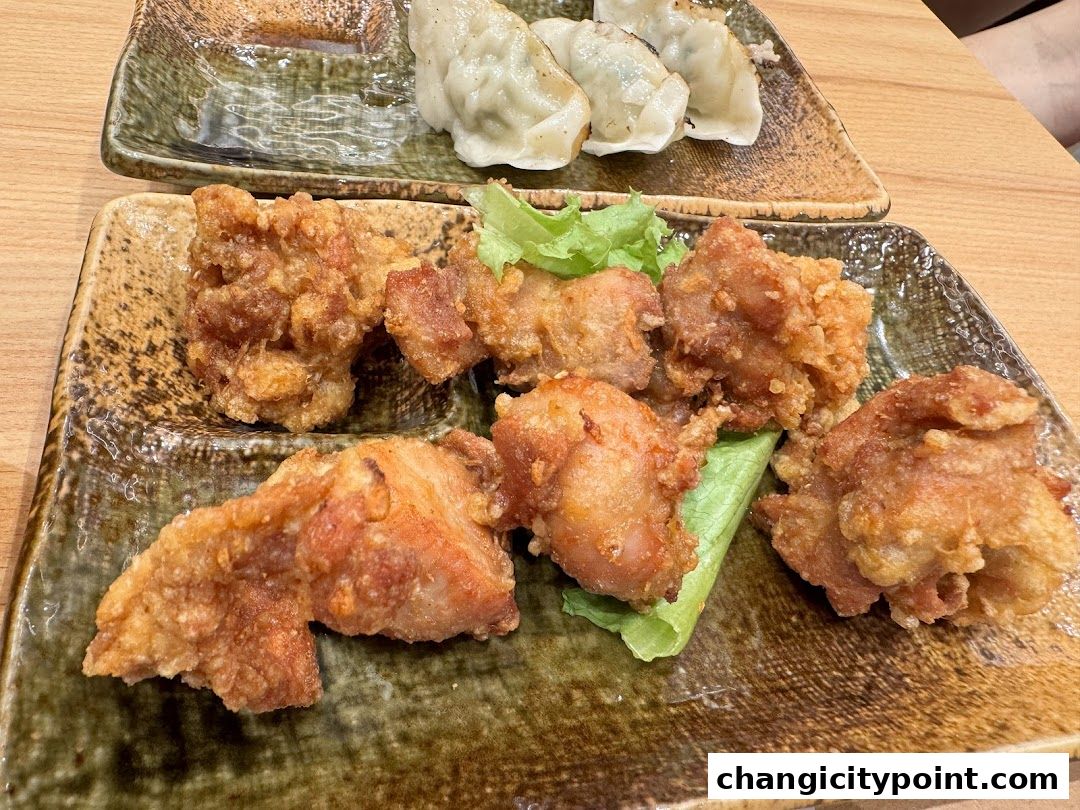 Two plates of Japanese food, one with fried chicken and lettuce, the other with gyoza.