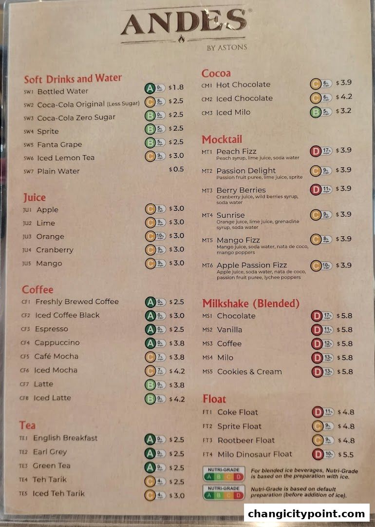 A menu from ANDES by ASTONS featuring drinks like soft drinks, juices, coffee, tea, mocktails, milkshakes, and floats.