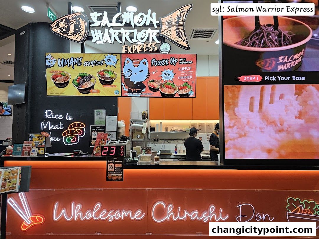 Salmon Warrior Express shop front with menu displays and neon signage.