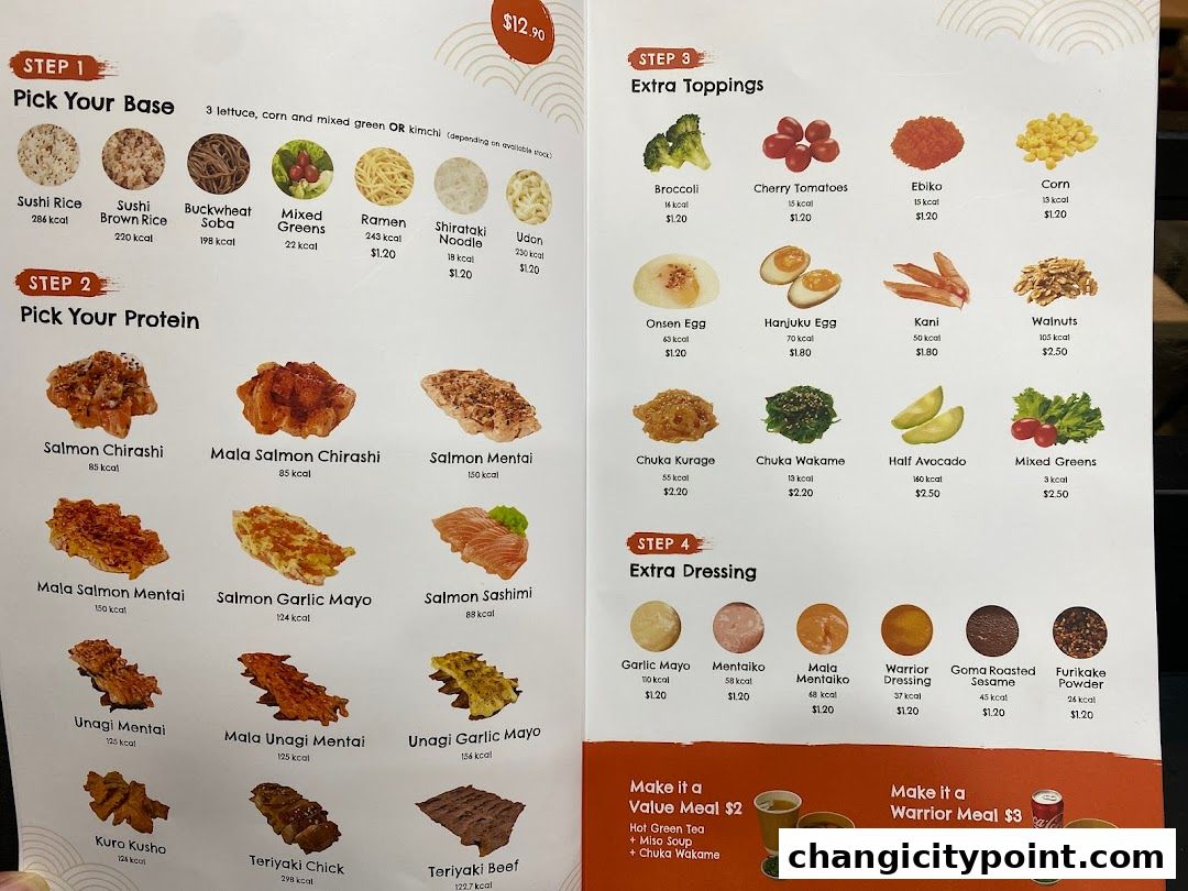 A menu for Salmon Warrior Express showing customizable bowls with bases, proteins, toppings, and dressings.