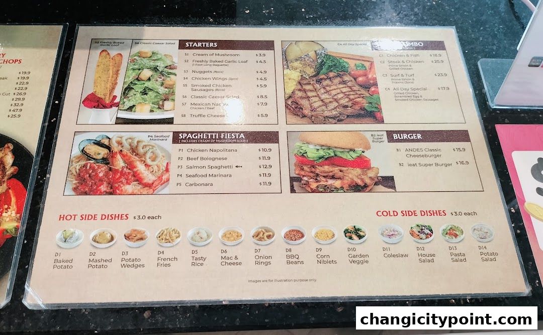 A menu displaying starters, spaghetti, burgers, and side dishes with prices.