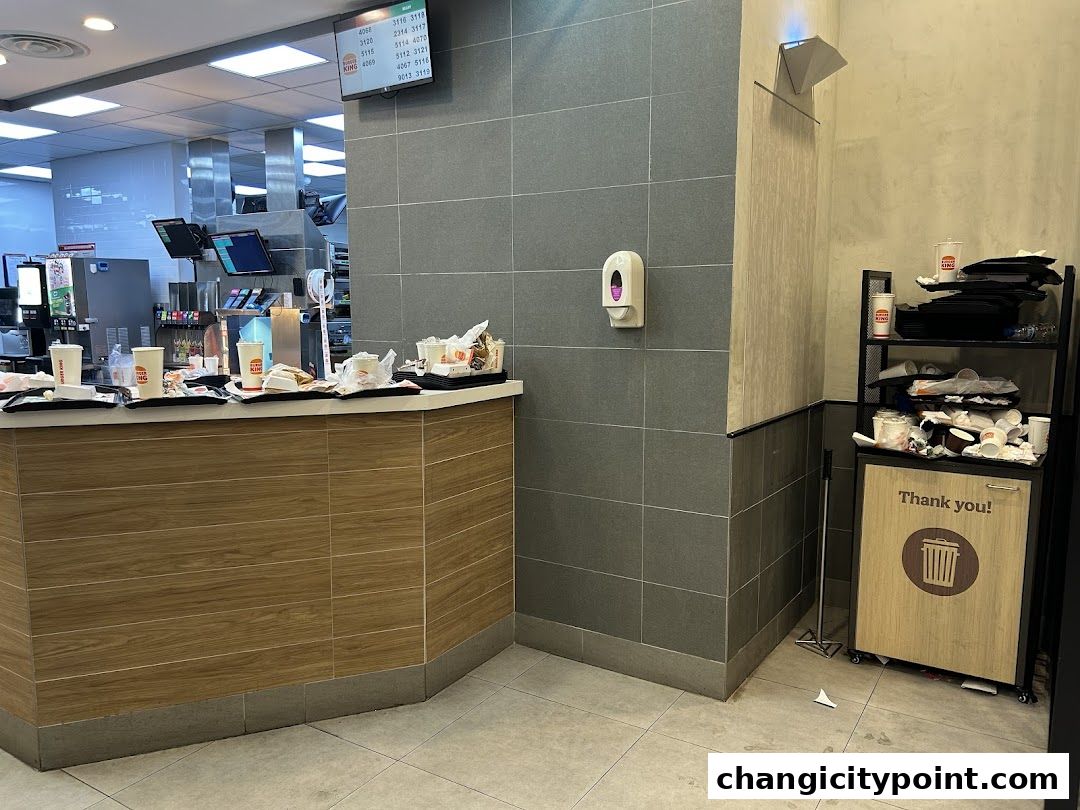 Burger King counter with trays of food and drinks, and a trash receptacle.