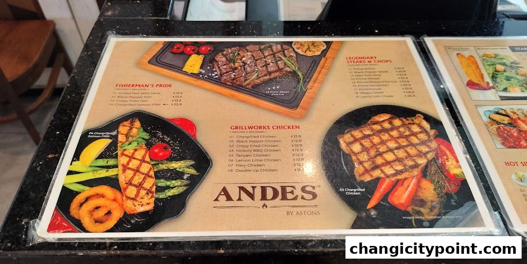 A menu from ANDES by ASTONS featuring steaks, chicken, and seafood dishes with prices.