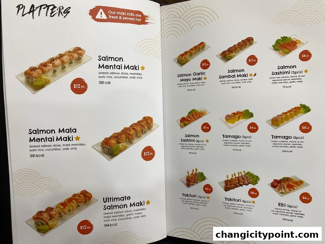 A menu page showcasing various salmon maki rolls, sashimi, tamago, yakitori, and ebi dishes.