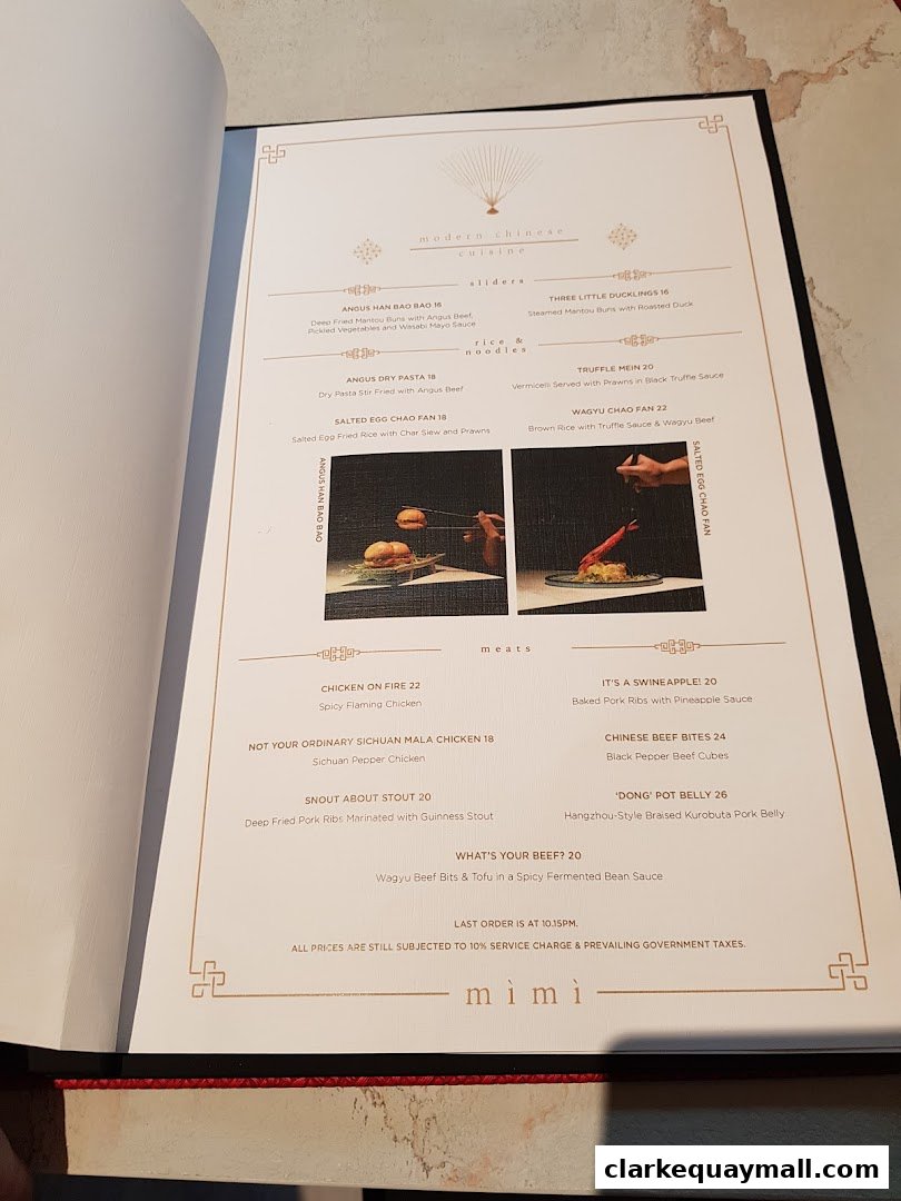 A menu from Mimi Restaurant featuring modern Chinese cuisine with various dishes and prices.