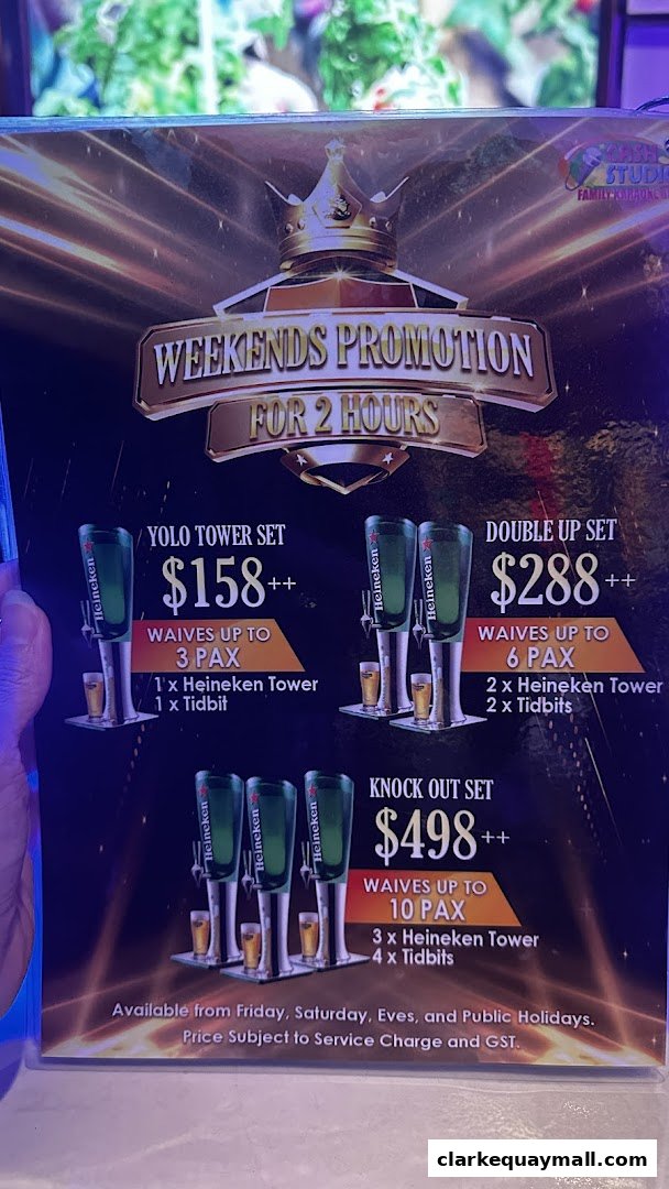 A promotional menu for weekend beer tower sets at Cash Studio Clarke Quay Central.