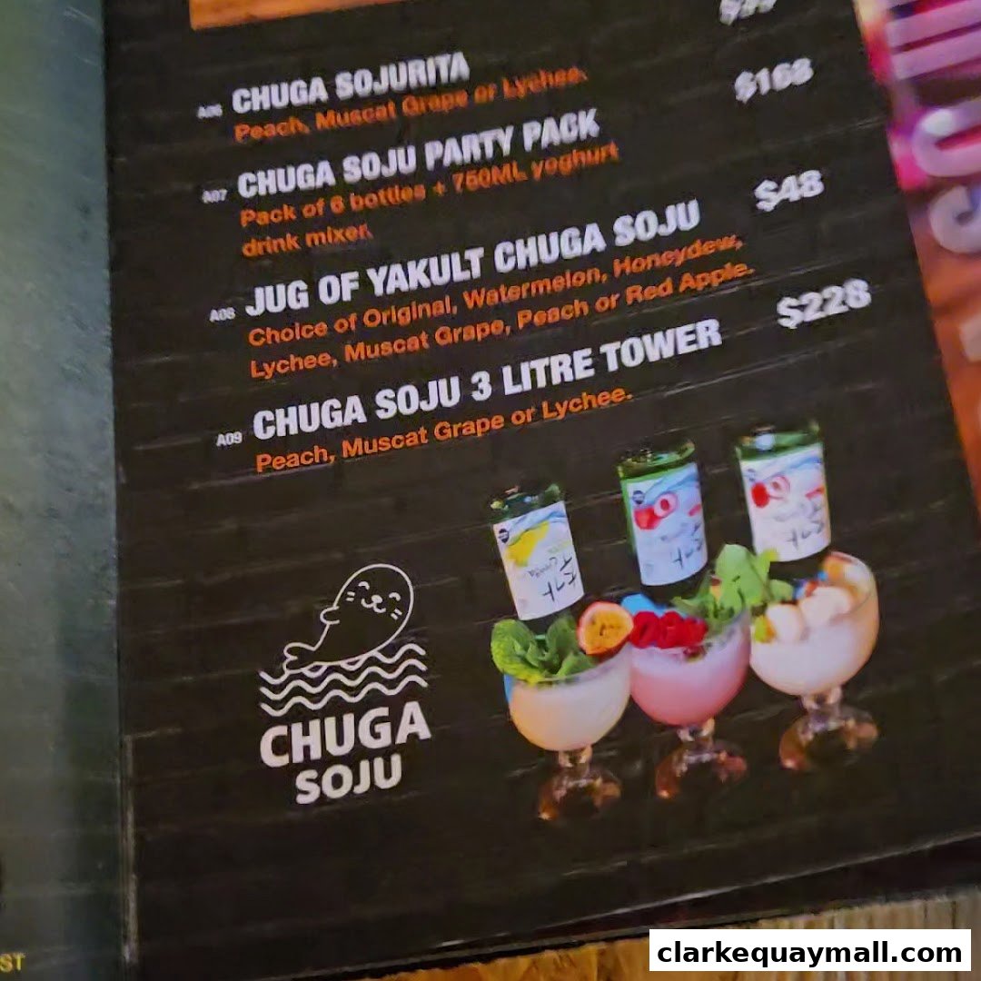 A menu featuring various Chuga Soju drinks and party packs with prices.