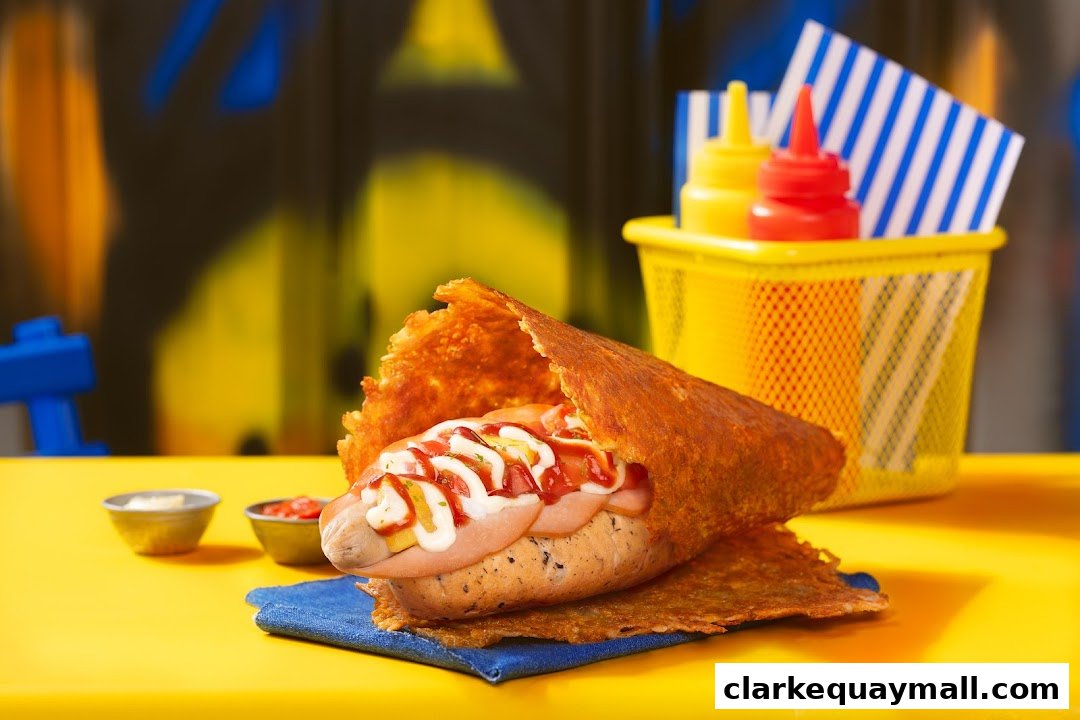 A gourmet hot dog wrapped in a crispy cheese shell, topped with sauces and served with condiments.