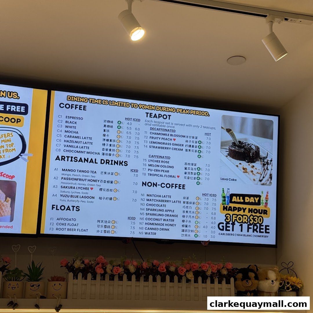 A digital menu board displaying coffee, tea, artisanal drinks, floats, and non-coffee beverages.
