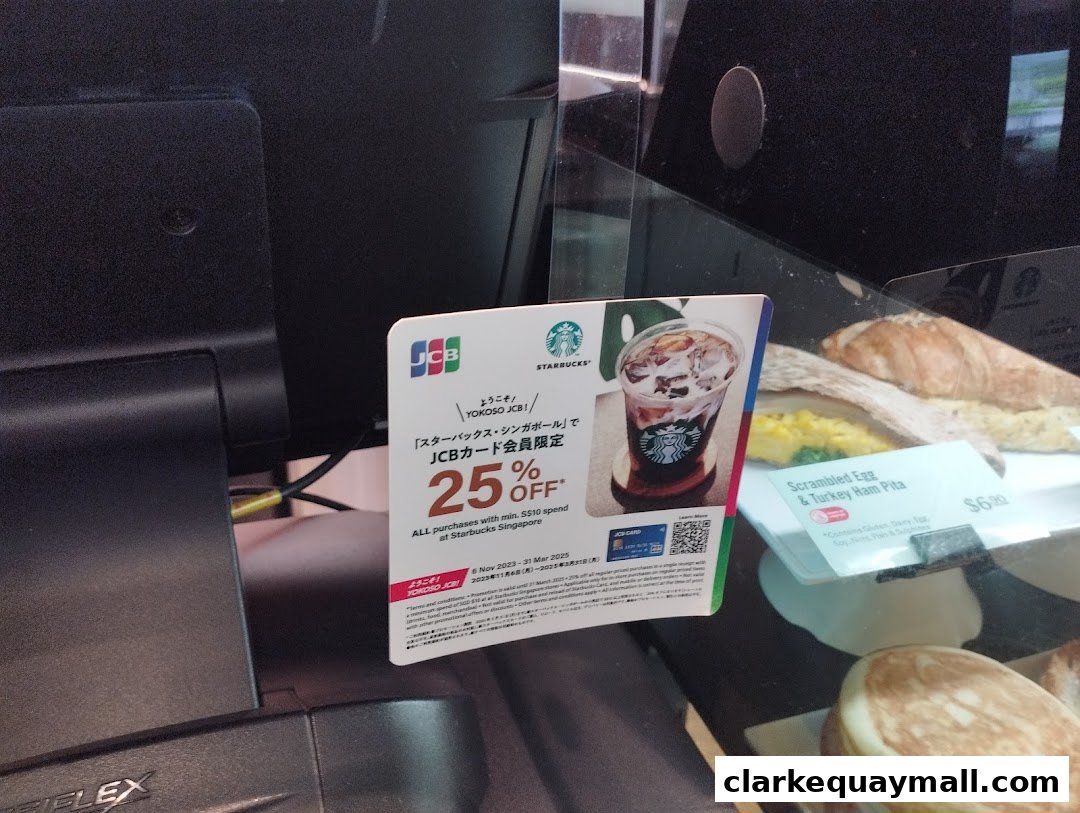 A promotional flyer for Starbucks offering a 25% discount with a JCB card.