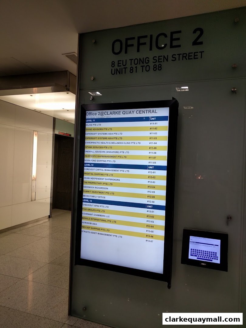 A directory board listing offices in Office 2 at Clarke Quay Central.