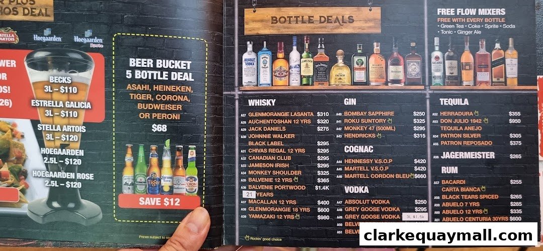 A menu featuring bottle deals, beer buckets, and various spirits like whisky, gin, tequila, rum, and vodka.