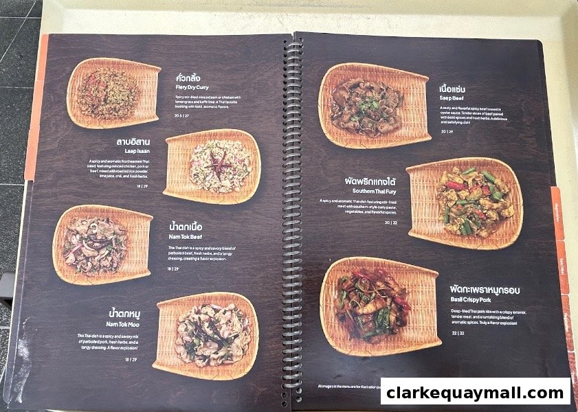 A menu from Nana Thai Royale Clarke Quay featuring various Thai dishes with images and descriptions.