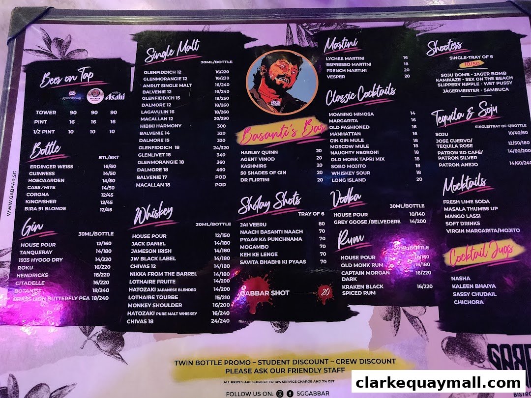 A menu for Gabbar Bistro Bar Clarke Quay, featuring drinks like beer, whiskey, gin, cocktails, and shooters.