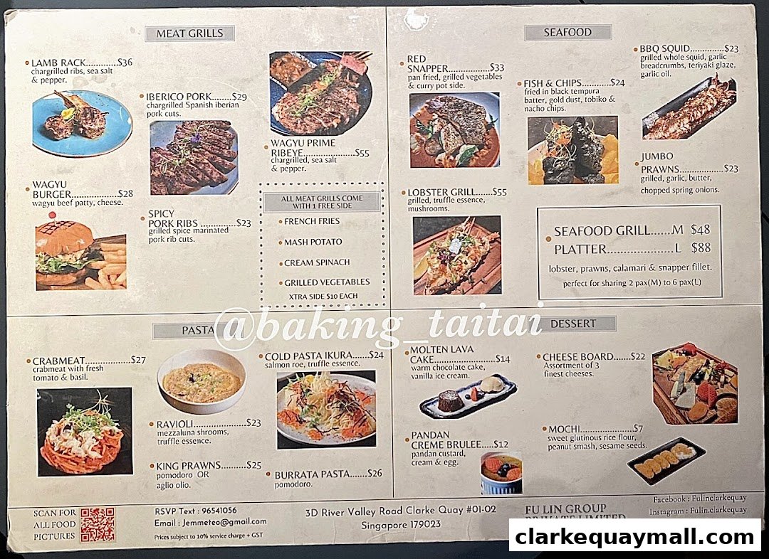 A menu featuring meat grills, seafood, pasta, and desserts with accompanying images.