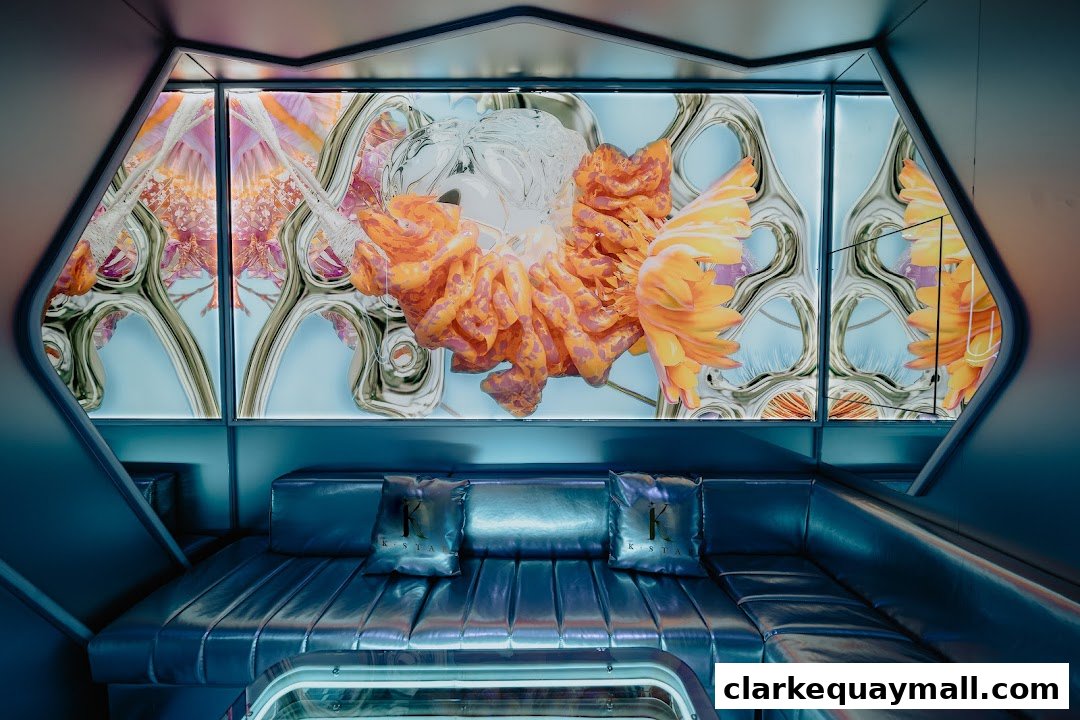 A futuristic lounge area with metallic blue seating and vibrant, abstract art on the wall.
