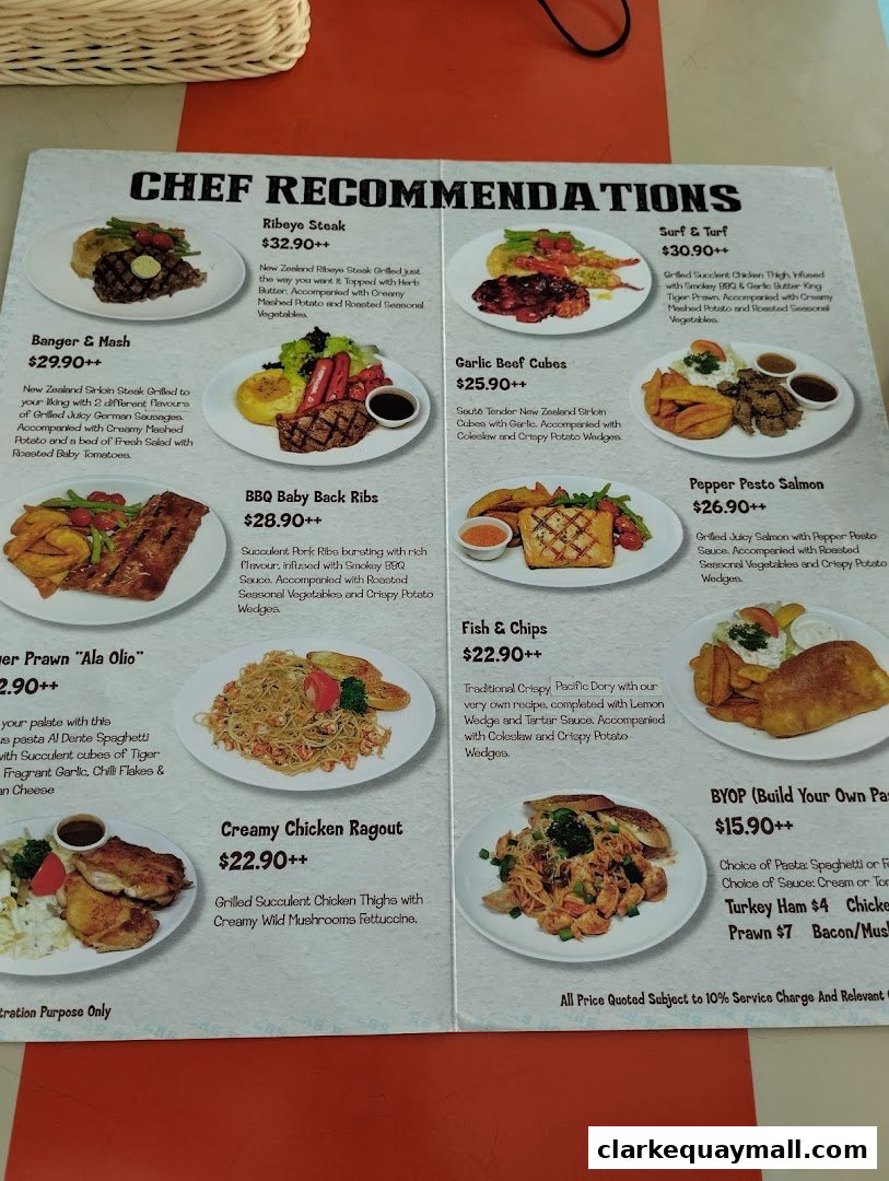 A menu featuring chef recommendations with various meat and seafood dishes.