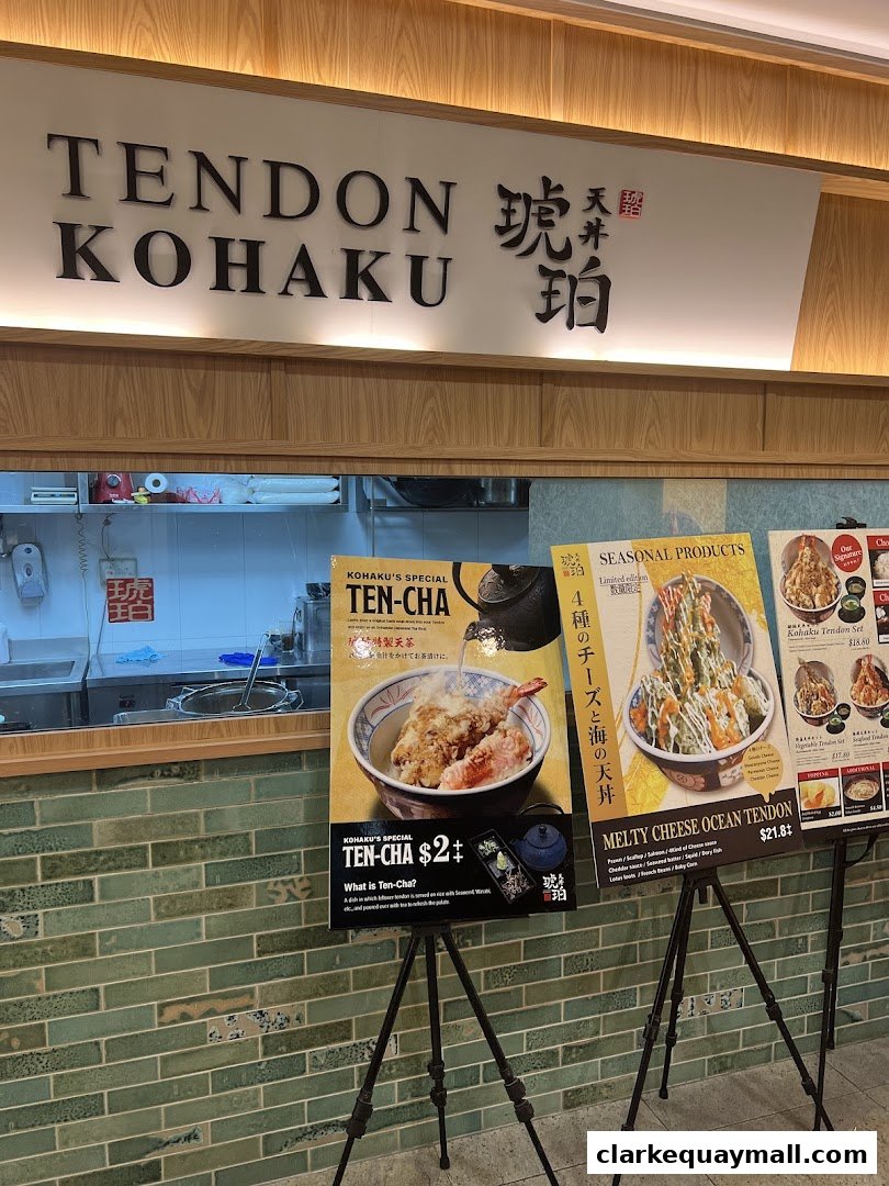 Shop front of Tendon Kohaku with promotional posters for Ten-Cha and Melty Cheese Ocean Tendon.