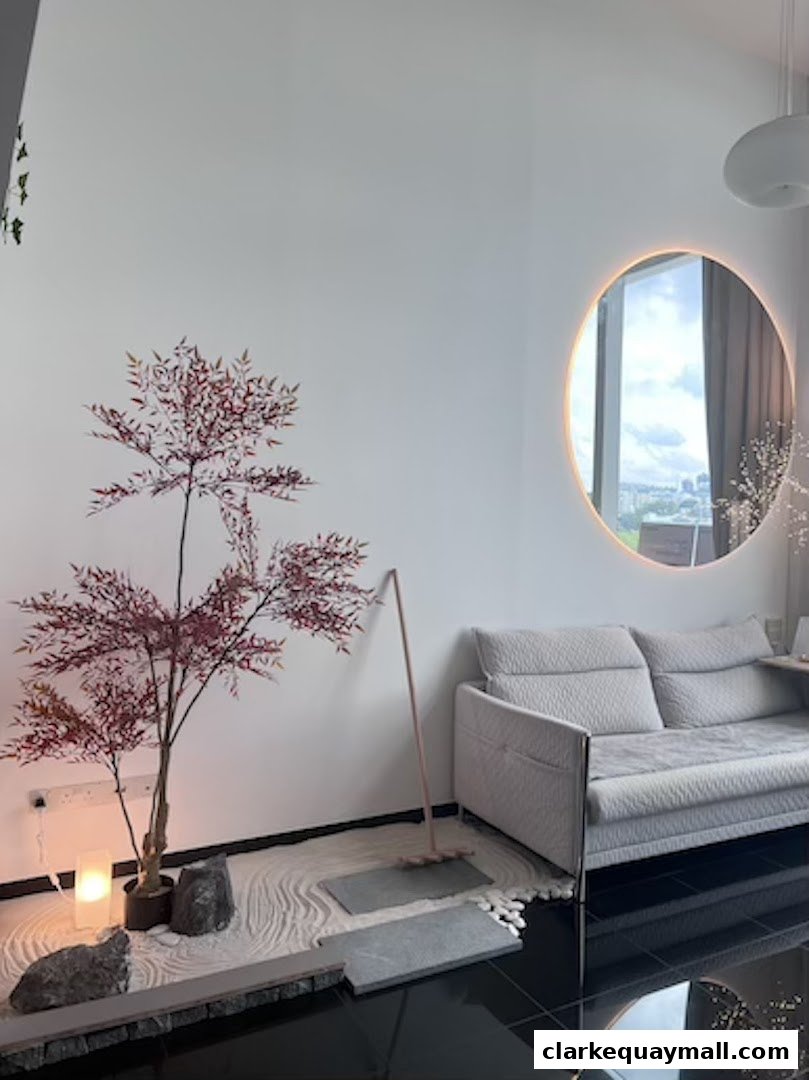 A serene interior with a Japanese zen garden, sofa, and a circular illuminated mirror.