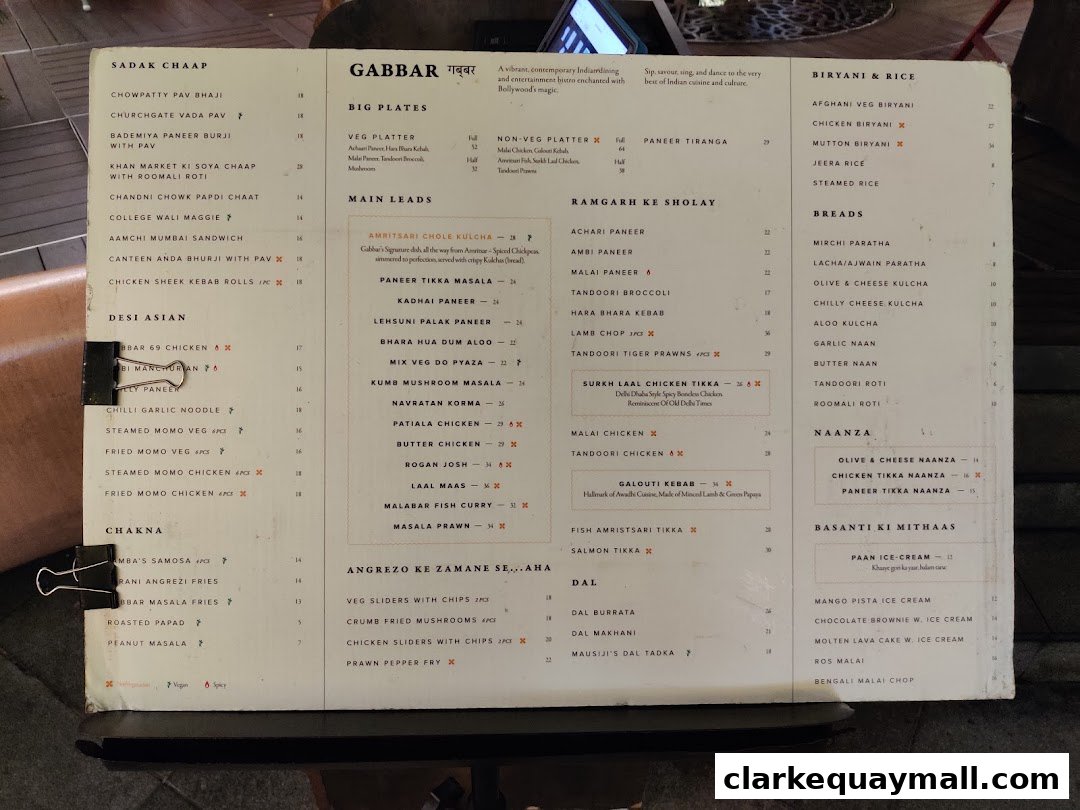 A menu from Gabbar Bistro Bar Clarke Quay featuring Indian dishes like Biryani, Kebabs, and Desserts.