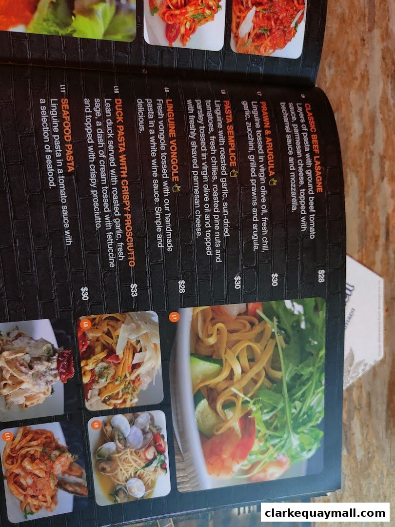 A menu page showcasing various pasta dishes with accompanying images and prices.