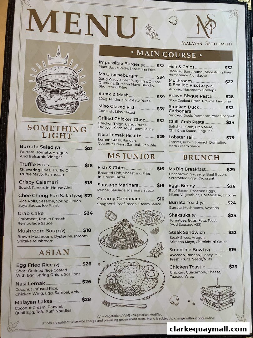 A menu from Malayan Settlement featuring main courses, junior dishes, brunch, and Asian specialties.