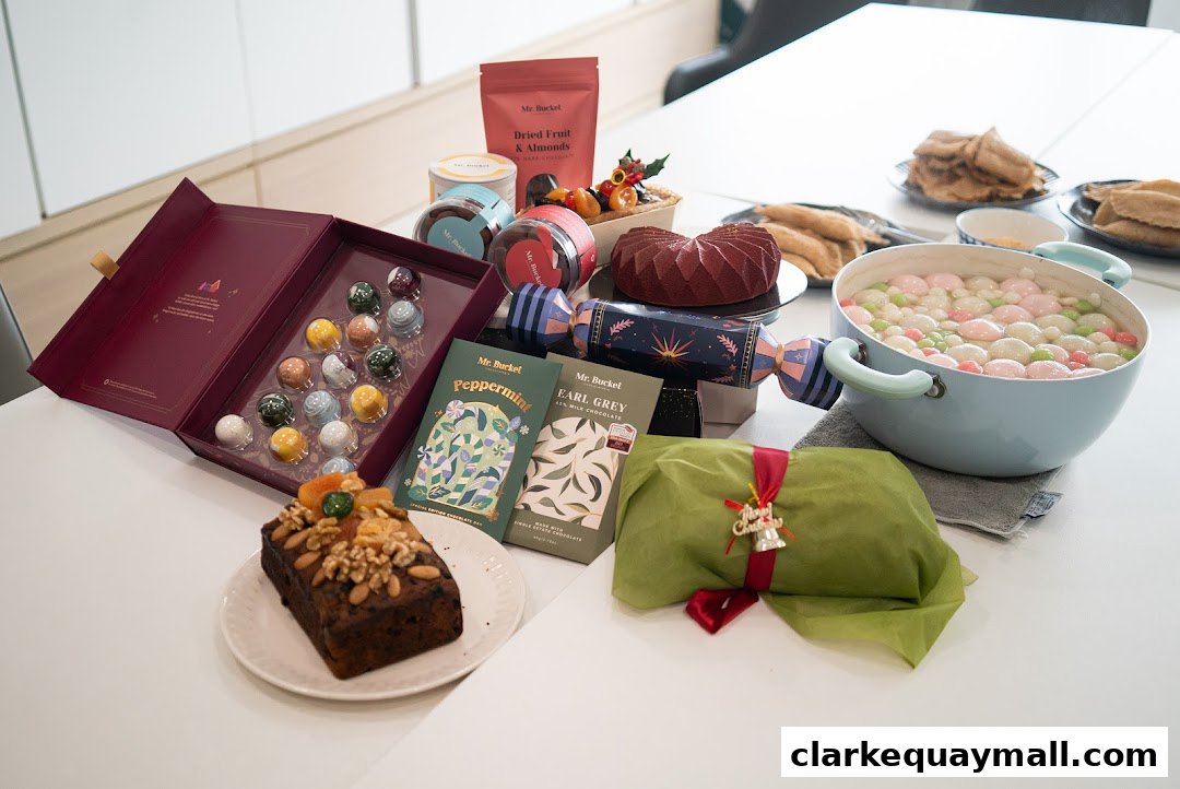 A festive spread of chocolates, cakes, dried fruits, and desserts, perfect for gifting.