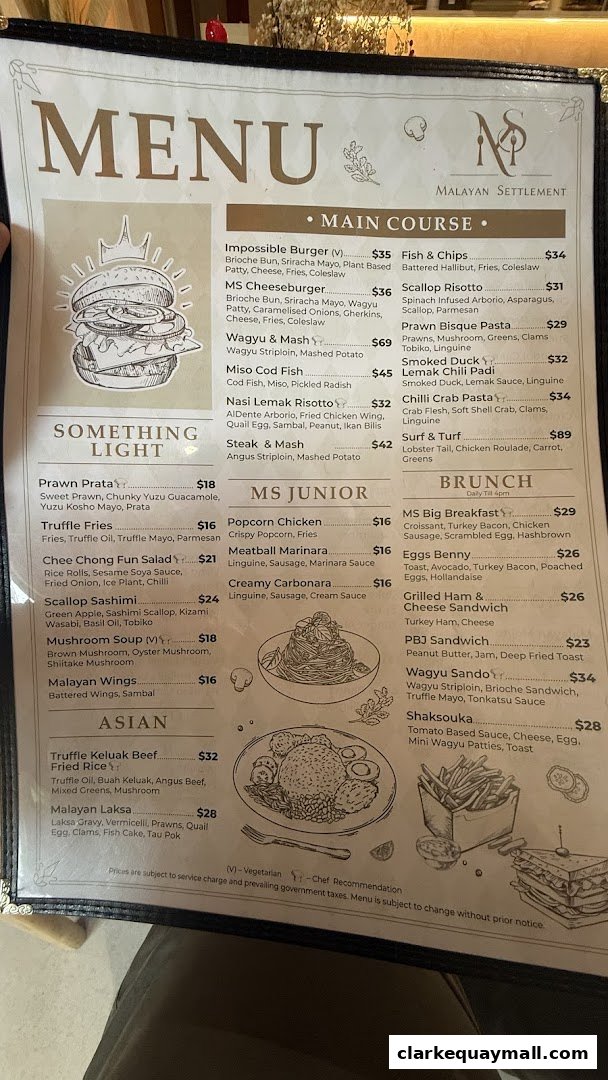 A menu from Malayan Settlement featuring main courses, junior meals, Asian dishes, and brunch options.