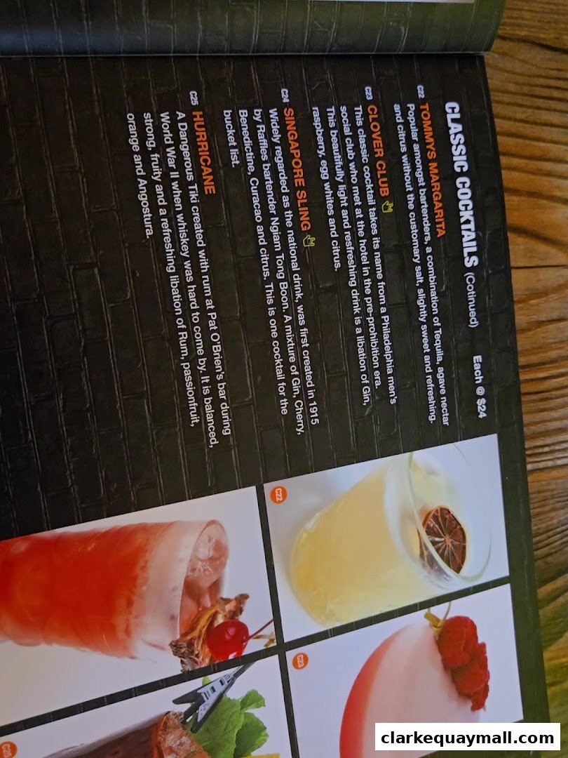A menu page showcasing classic cocktails with descriptions and prices.