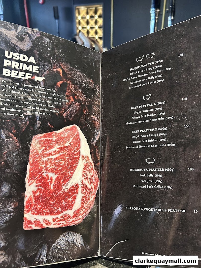 A menu showcasing USDA Prime Beef platters and Kurobuta pork.