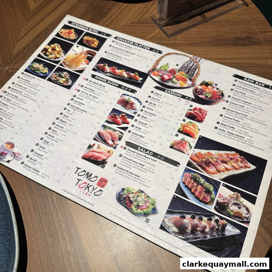 A menu from Tomo Tokyo featuring various sushi, sashimi, and salad dishes with accompanying images.