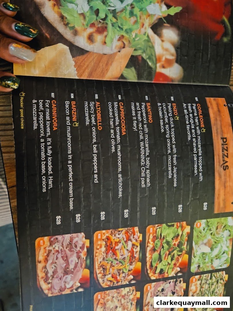 A menu showcasing various pizzas with descriptions and prices.