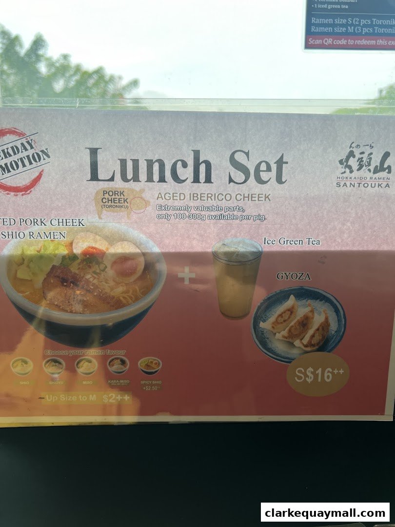 A Hokkaido Ramen Santouka lunch set featuring ramen, gyoza, and iced green tea.